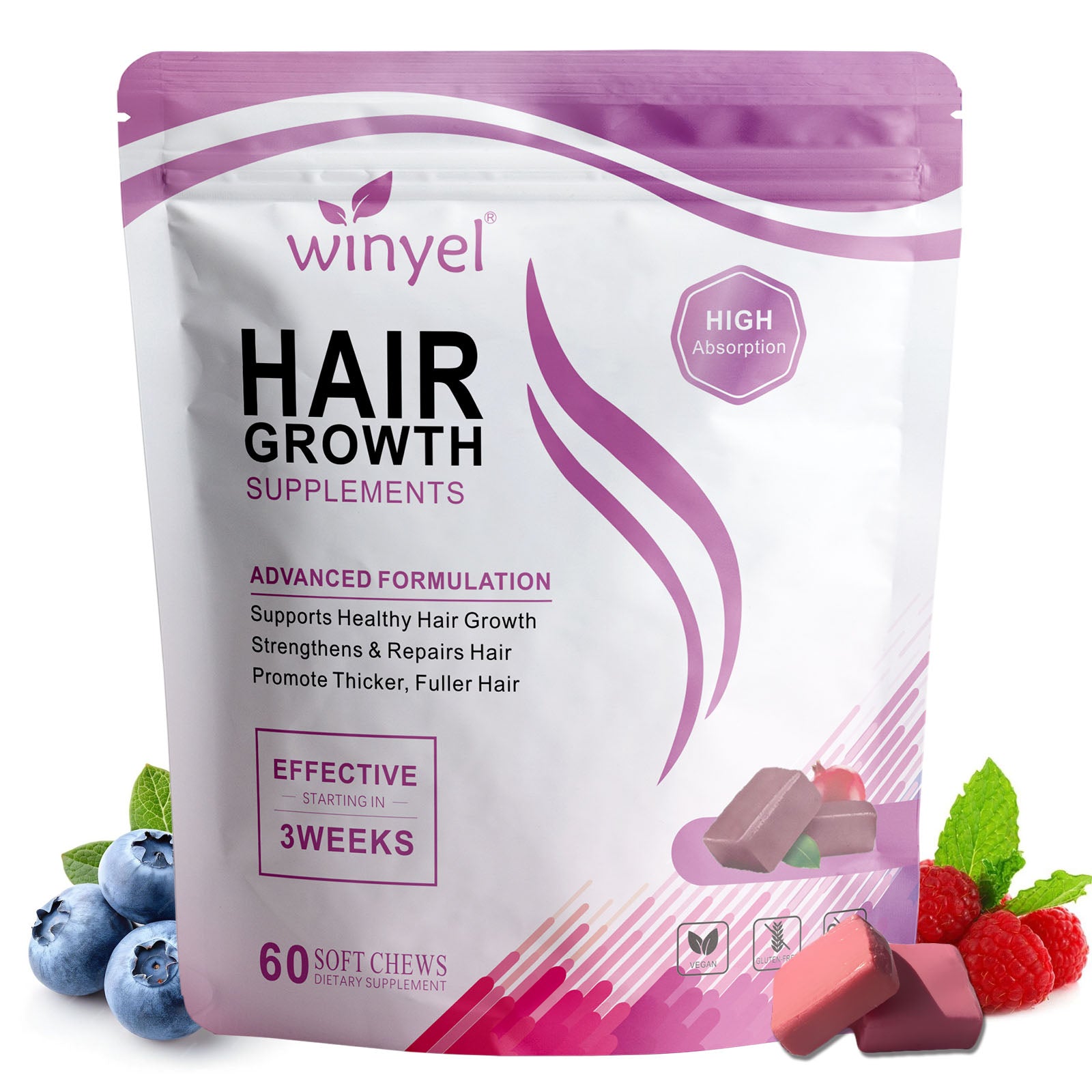 Hair Soft Chews, Hair Vitamins for Women and Men with Biotin, Advanced Formula for Hair, Mixed Berry, 60 Soft Chews