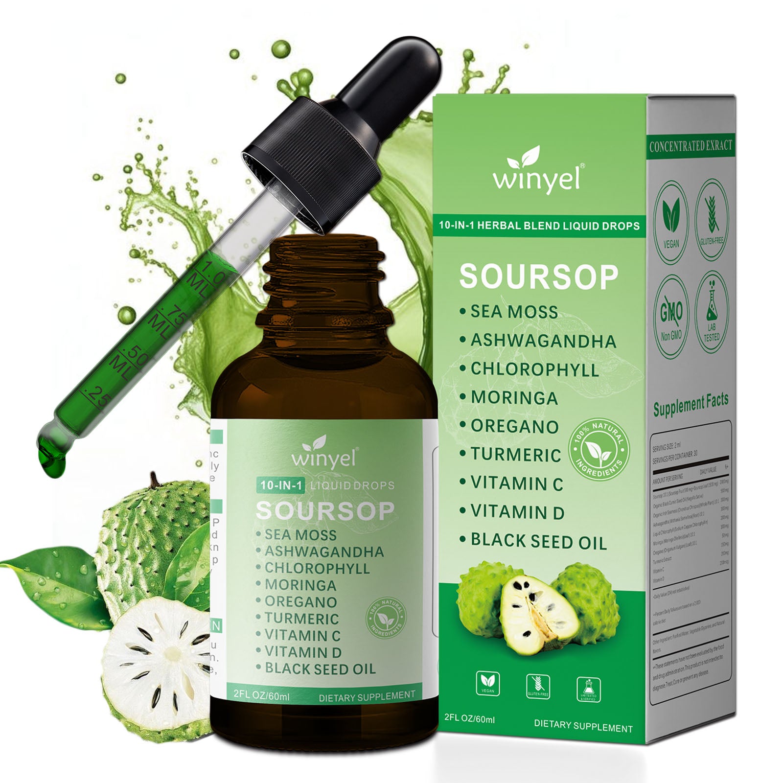 Soursop Bitters Liquid Drops with Sea Moss, Moringa, Turmeric, Black Seed Oil, Oregano, Ashwagandha | Herbal Extracts for Overall Health-Enhancing | Vegan, Non-GMO | 2 Fl Oz