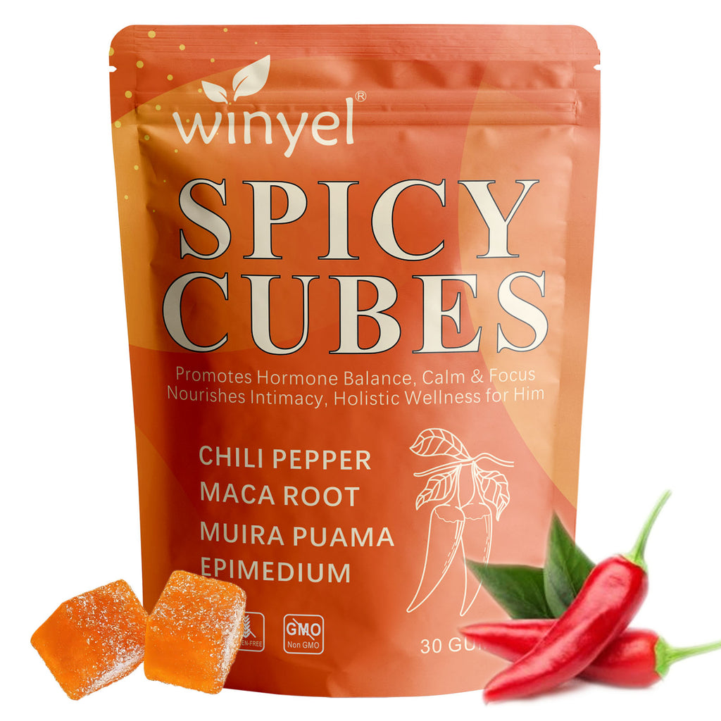 Spicy Cubes Hot Peach Gummies - Sweet & Spicy Chili Sugar Coating - Maca Root & Muira Puama for Energy, Mood & Vitality