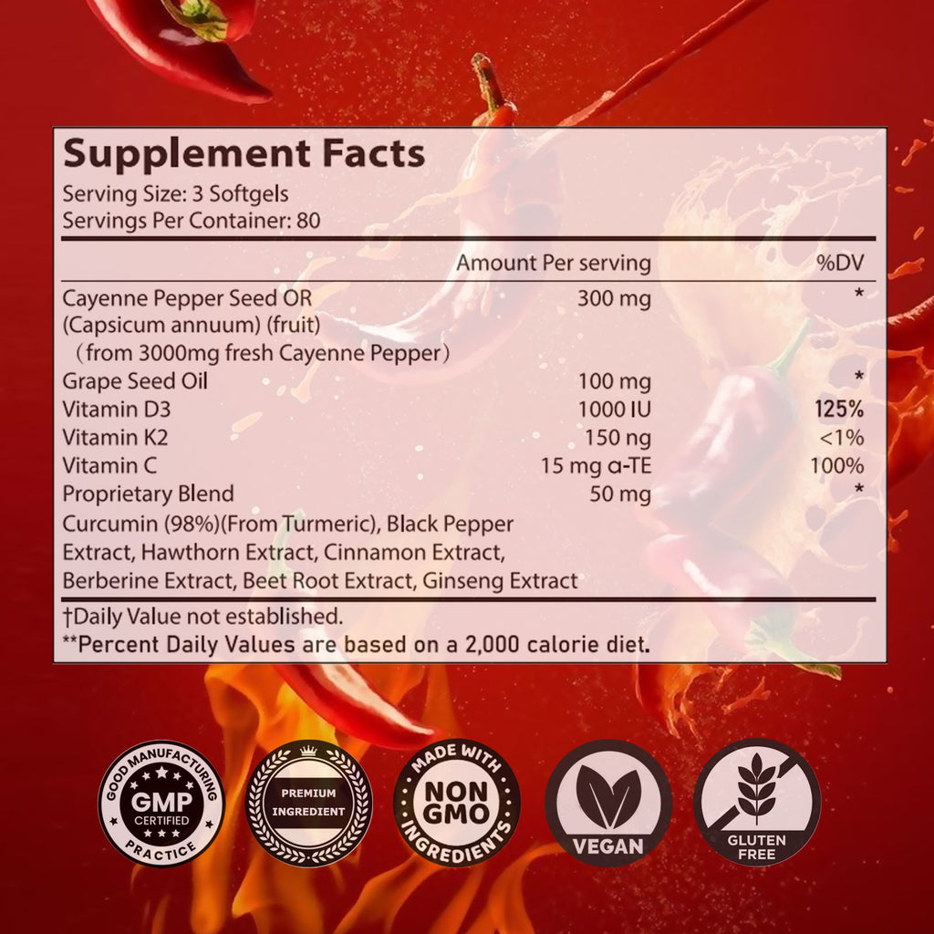 Cayenne Pepper Softgel Supplement To Support Leg Vein, Heart, And Vascular Health. Contains Vitamins C, D3, And K2, Grape Seed