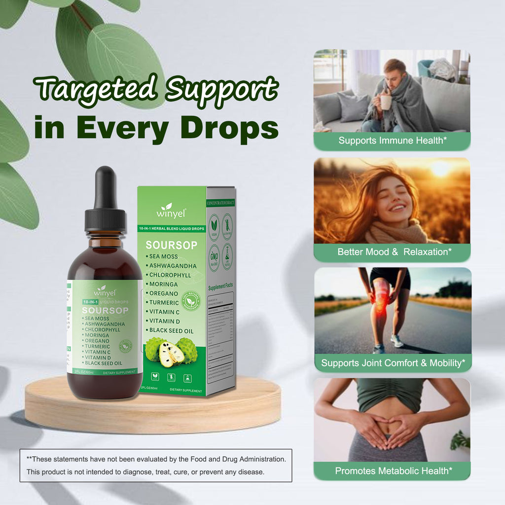 Soursop Bitters Liquid Drops with Sea Moss, Moringa, Turmeric, Black Seed Oil, Oregano, Ashwagandha | Herbal Extracts for Overall Health-Enhancing | Vegan, Non-GMO | 2 Fl Oz