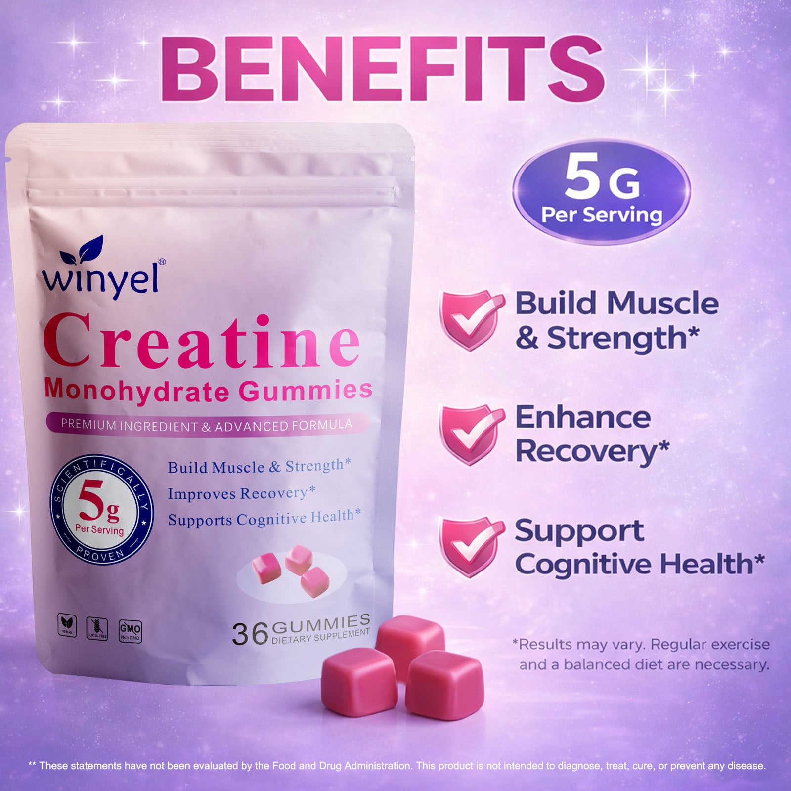 Creatine Monohydrate Gummies for Men & Women, Sugar Free Creatine Gummy 5g per Serving, Berry Flavor, 36 Gummies