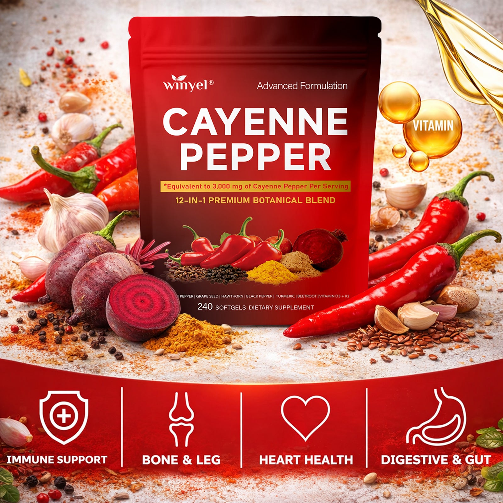 Cayenne Pepper Softgel Supplement To Support Leg Vein, Heart, And Vascular Health. Contains Vitamins C, D3, And K2, Grape Seed