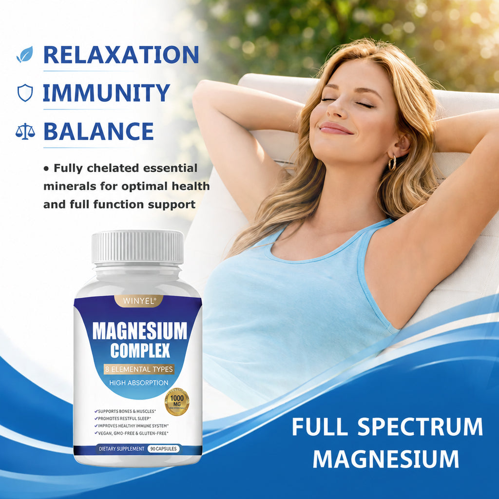 Magnesium Complex Supplement 8 Elemental 1000mg | Magnesium Supplement with Glycinate, Malate, Citrate | Sleep, Relaxation, Bone & Muscle | Vegan 90 Capsules
