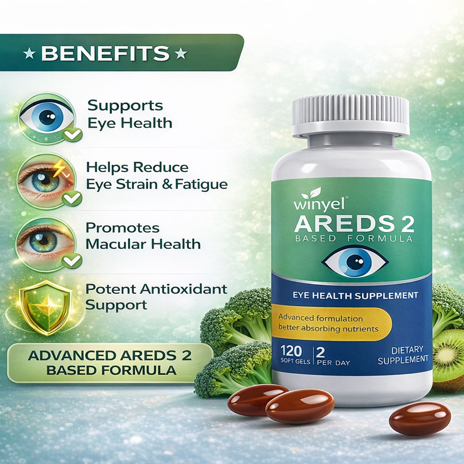 AREDS 2 Eye Vitamin & Mineral Supplement with OCUSorb, 120 Vegan Soft Gels, Contains Lutein, Zeaxanthin, Vitamin C & E, Zinc, & Copper, Eye Health Supplements