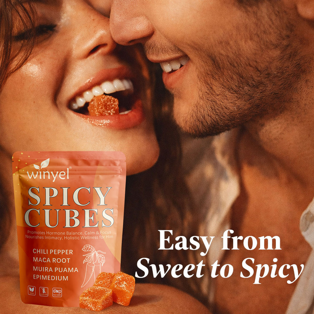 Spicy Cubes Hot Peach Gummies - Sweet & Spicy Chili Sugar Coating - Maca Root & Muira Puama for Energy, Mood & Vitality