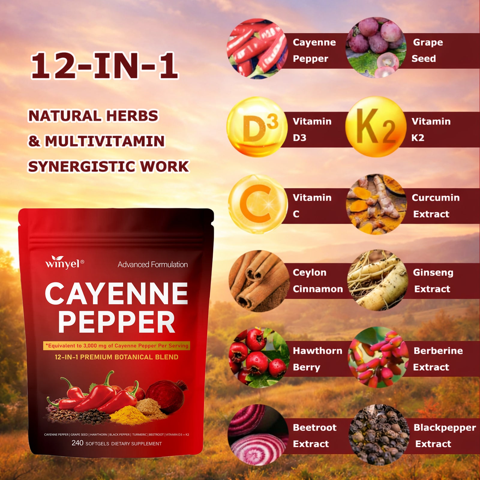 Cayenne Pepper Softgel Supplement To Support Leg Vein, Heart, And Vascular Health. Contains Vitamins C, D3, And K2, Grape Seed