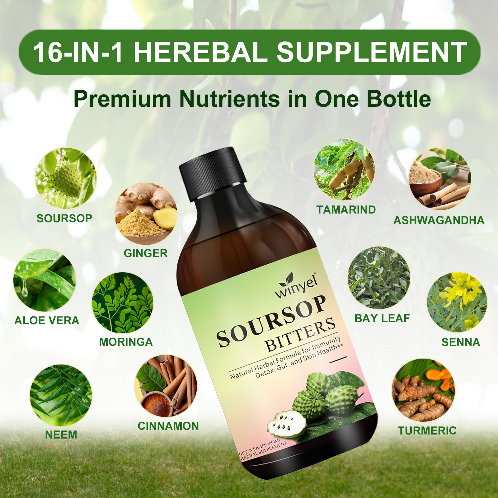 Soursop Bitters Liquid - Organic Herbal Guanabana Detox with Black Seed, Moringa & Ginger - Supports Digestive Wellness & Immune Function