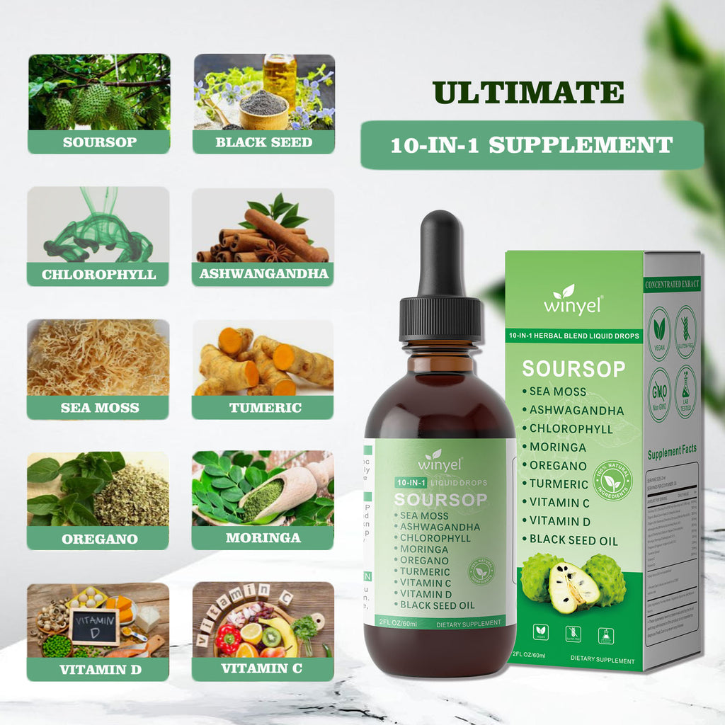 Soursop Bitters Liquid Drops with Sea Moss, Moringa, Turmeric, Black Seed Oil, Oregano, Ashwagandha | Herbal Extracts for Overall Health-Enhancing | Vegan, Non-GMO | 2 Fl Oz