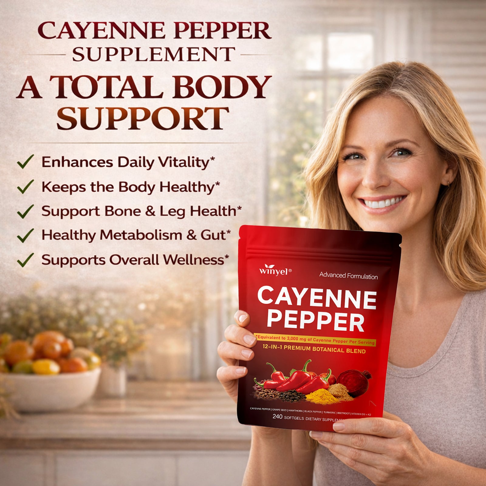 Cayenne Pepper Softgel Supplement To Support Leg Vein, Heart, And Vascular Health. Contains Vitamins C, D3, And K2, Grape Seed
