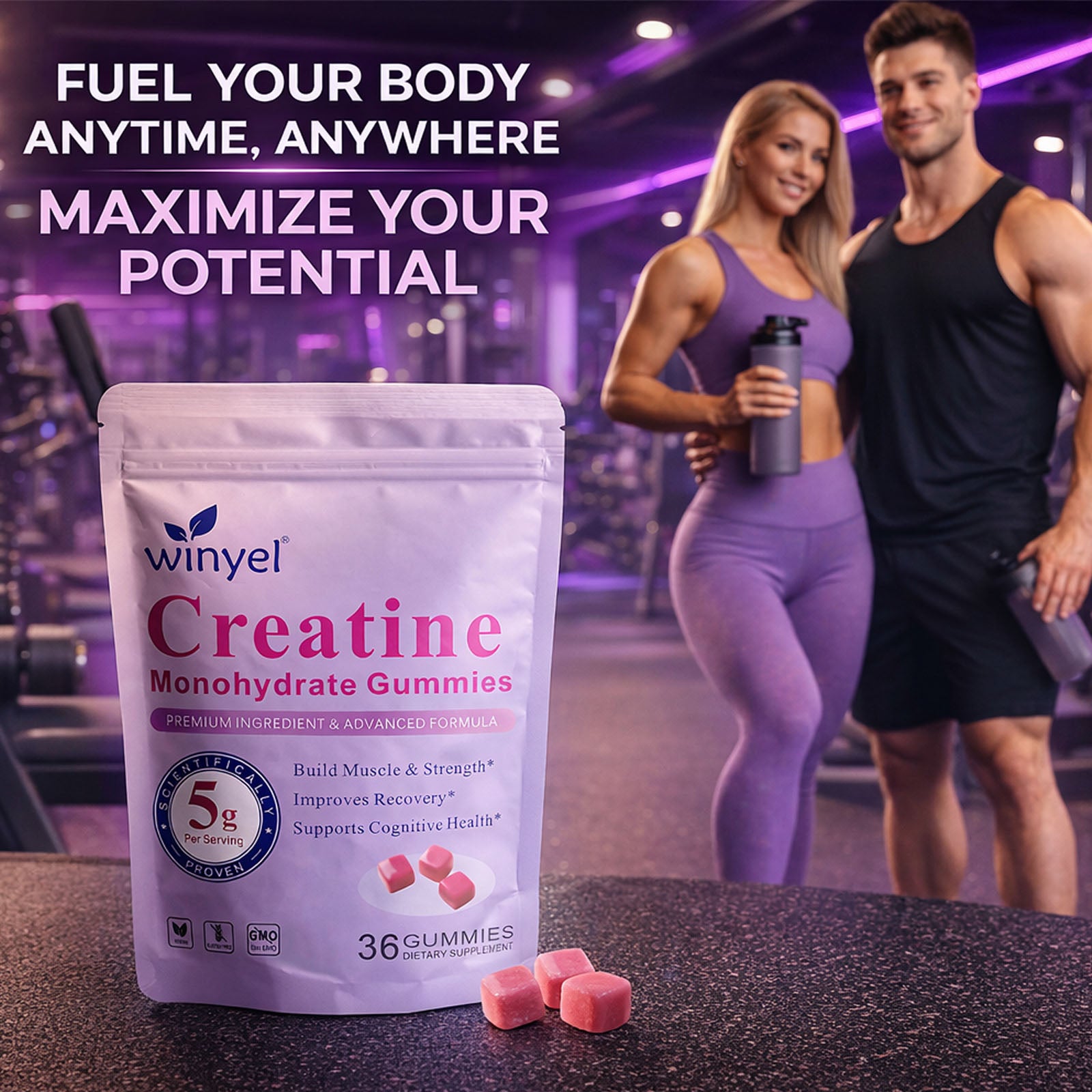 Creatine Monohydrate Gummies for Men & Women, Sugar Free Creatine Gummy 5g per Serving, Berry Flavor, 36 Gummies