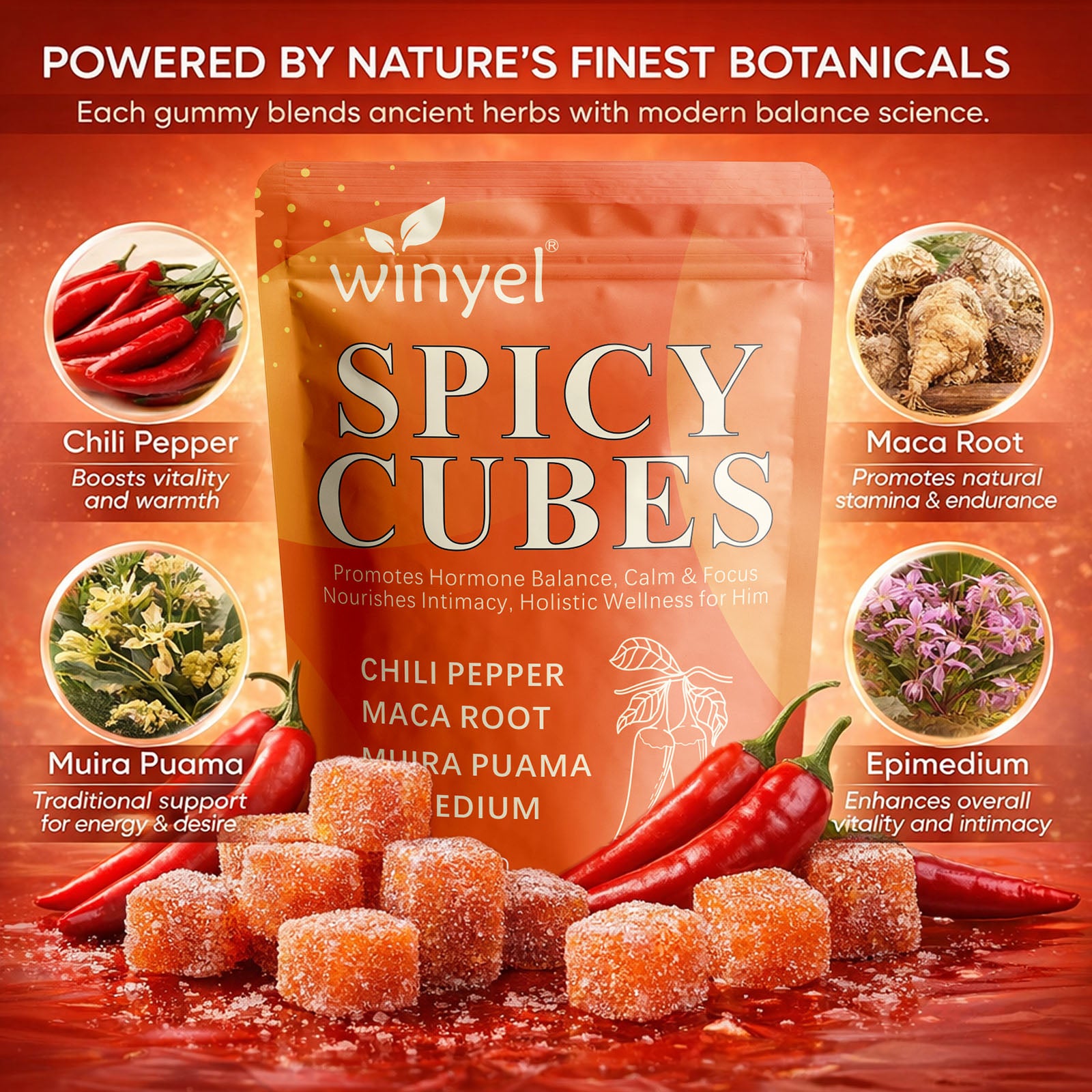 Spicy Cubes Hot Peach Gummies - Sweet & Spicy Chili Sugar Coating - Maca Root & Muira Puama for Energy, Mood & Vitality