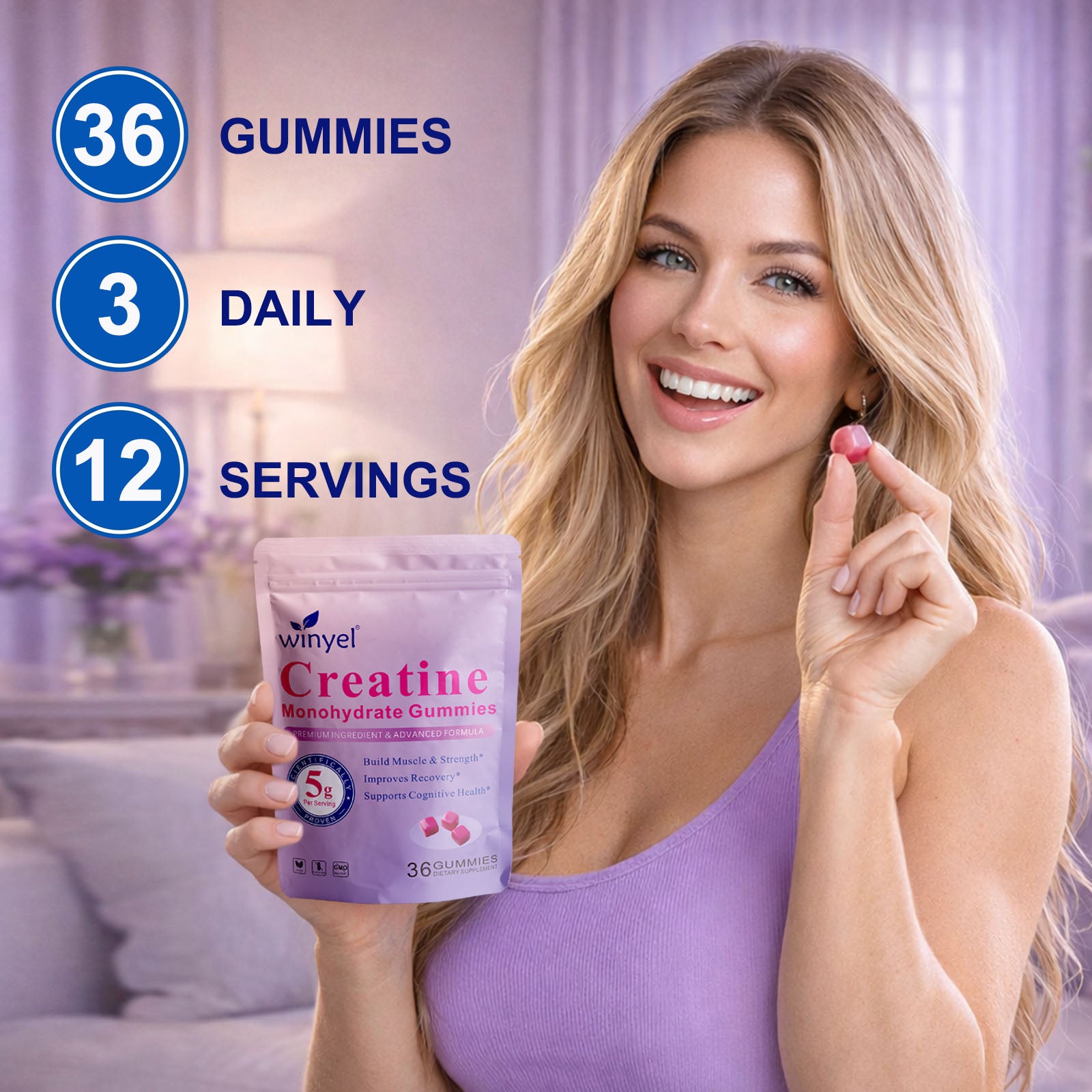 Creatine Monohydrate Gummies for Men & Women, Sugar Free Creatine Gummy 5g per Serving, Berry Flavor, 36 Gummies