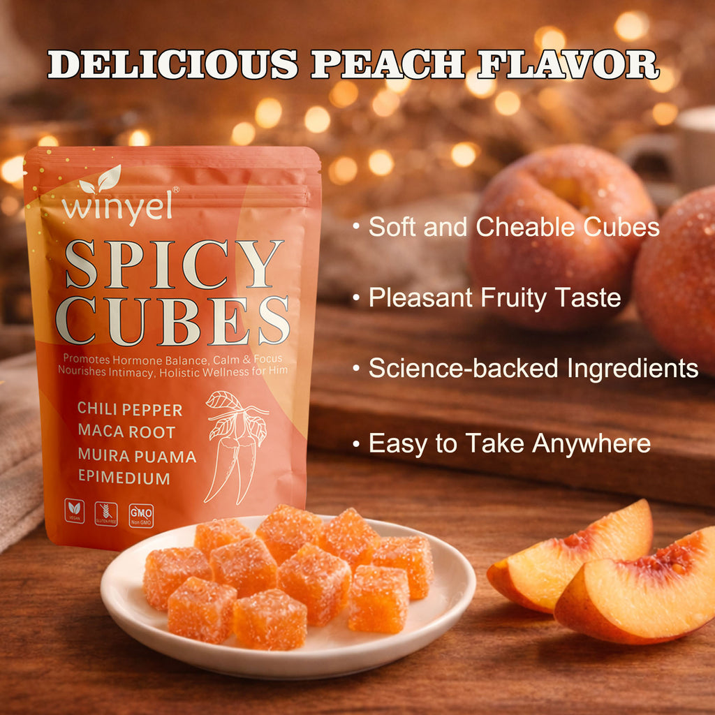 Spicy Cubes Hot Peach Gummies - Sweet & Spicy Chili Sugar Coating - Maca Root & Muira Puama for Energy, Mood & Vitality