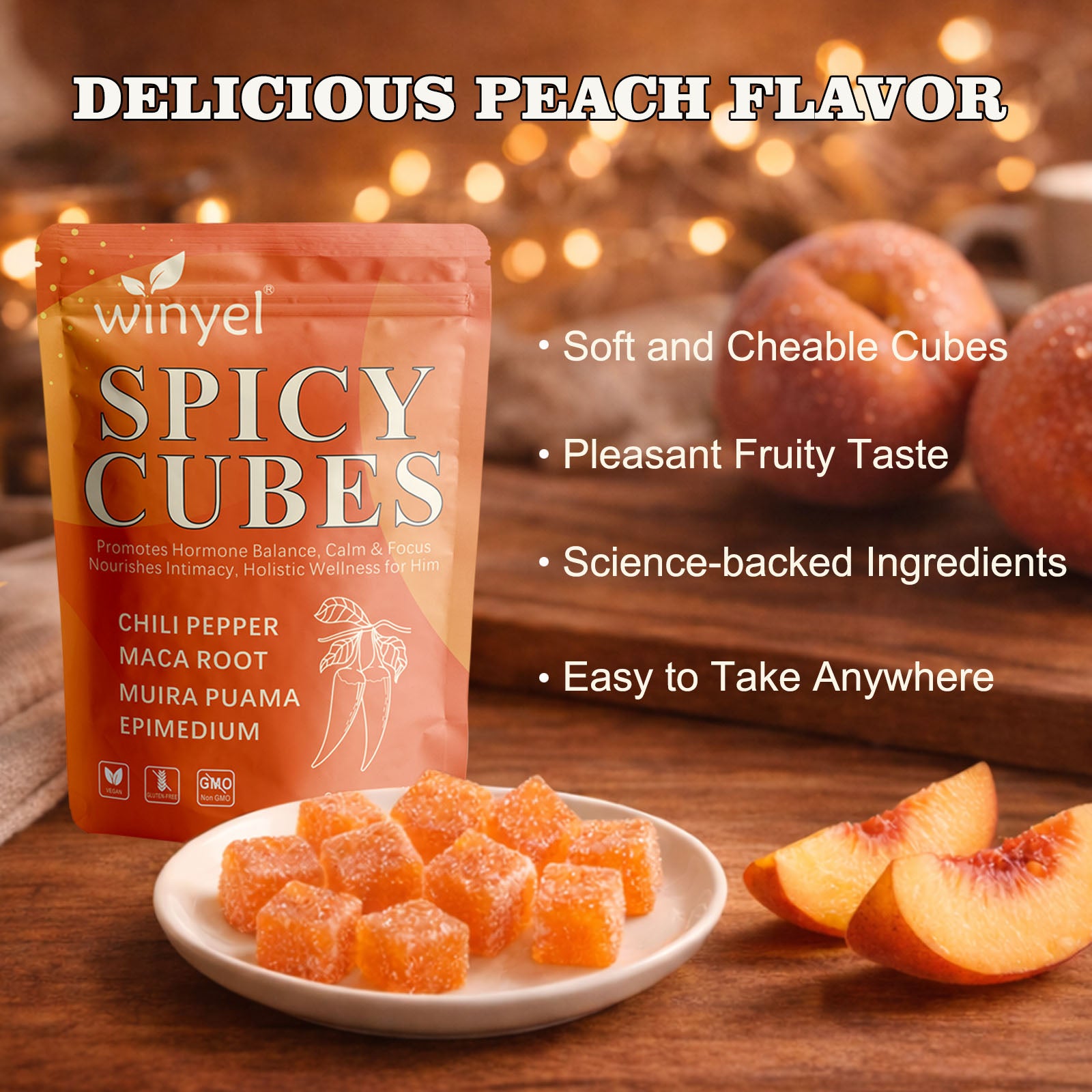 Spicy Cubes Hot Peach Gummies - Sweet & Spicy Chili Sugar Coating - Maca Root & Muira Puama for Energy, Mood & Vitality