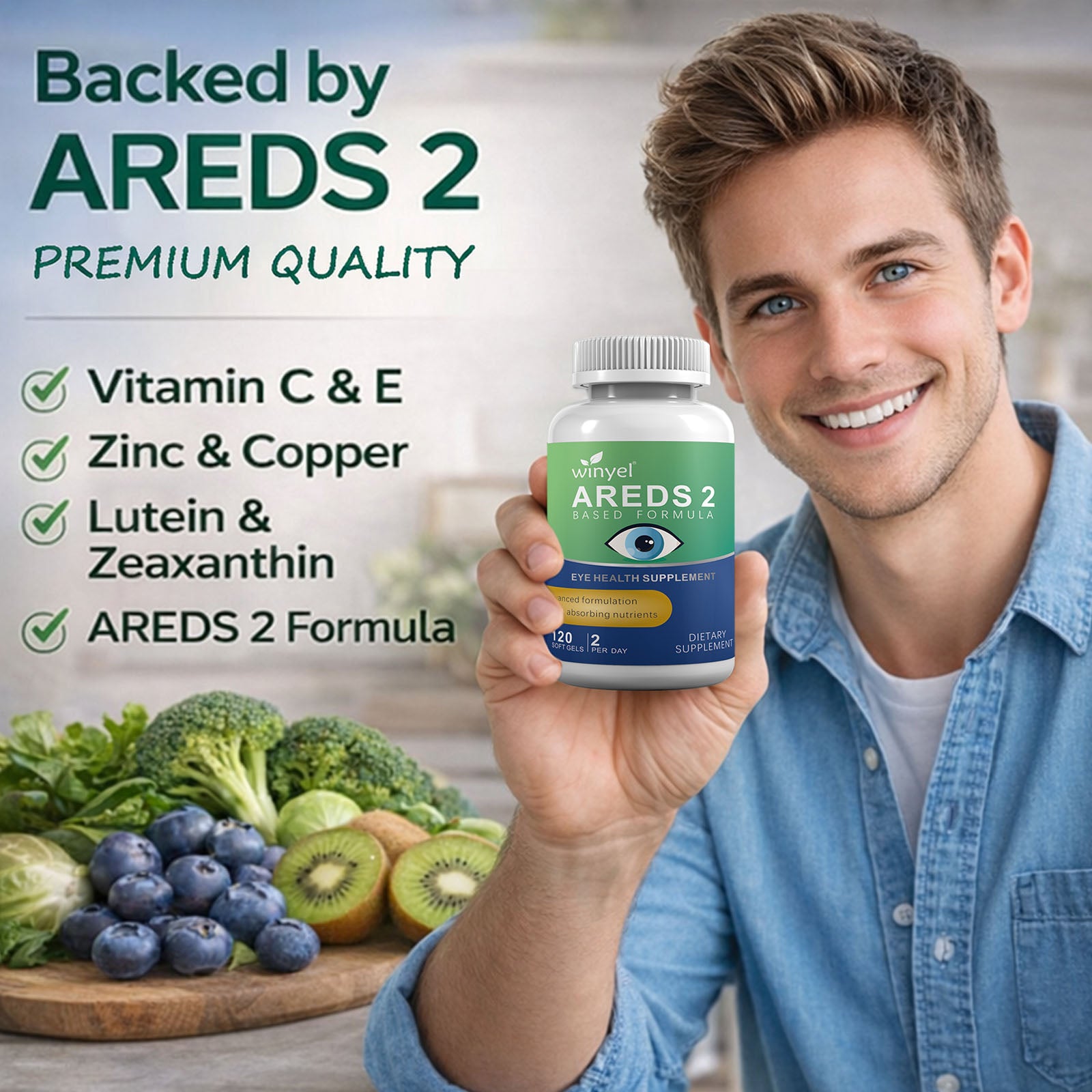 AREDS 2 Eye Vitamin & Mineral Supplement with OCUSorb, 120 Vegan Soft Gels, Contains Lutein, Zeaxanthin, Vitamin C & E, Zinc, & Copper, Eye Health Supplements