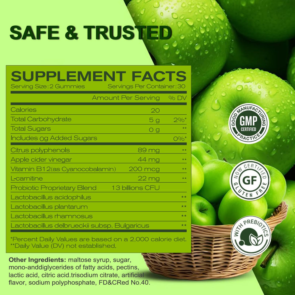 Apple Cider Vinegar Gummies Formulated to Support Normal Energy Levels & Gut Health - Supports Digestion, Detox & Cleansing - ACV Gummies W/VIT B12 Dietary Edible Fitness
