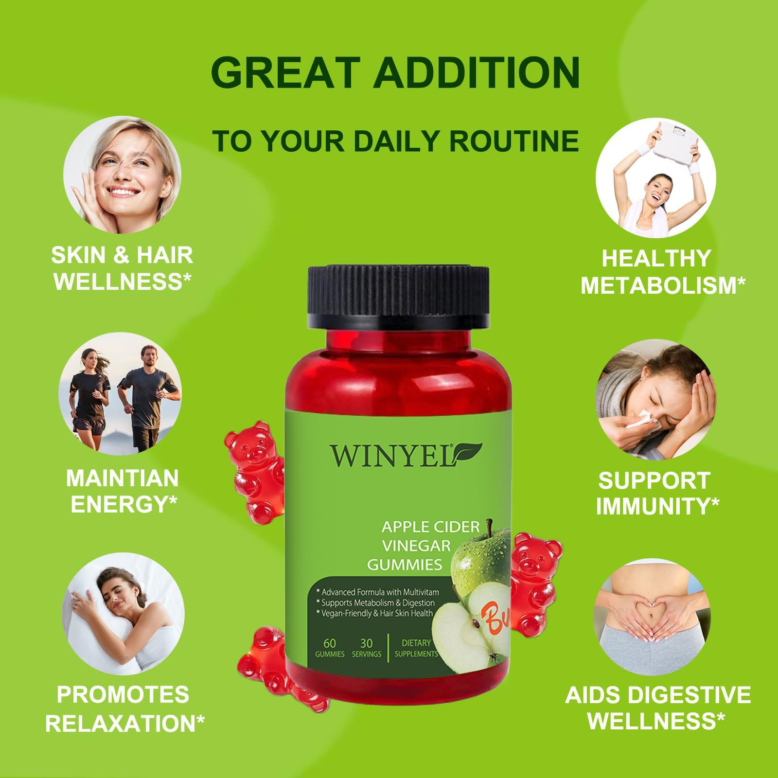 Apple Cider Vinegar Gummies Formulated to Support Normal Energy Levels & Gut Health - Supports Digestion, Detox & Cleansing - ACV Gummies W/VIT B12 Dietary Edible Fitness