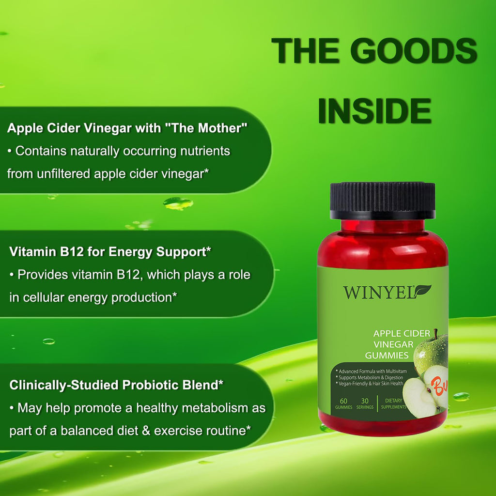 Apple Cider Vinegar Gummies Formulated to Support Normal Energy Levels & Gut Health - Supports Digestion, Detox & Cleansing - ACV Gummies W/VIT B12 Dietary Edible Fitness
