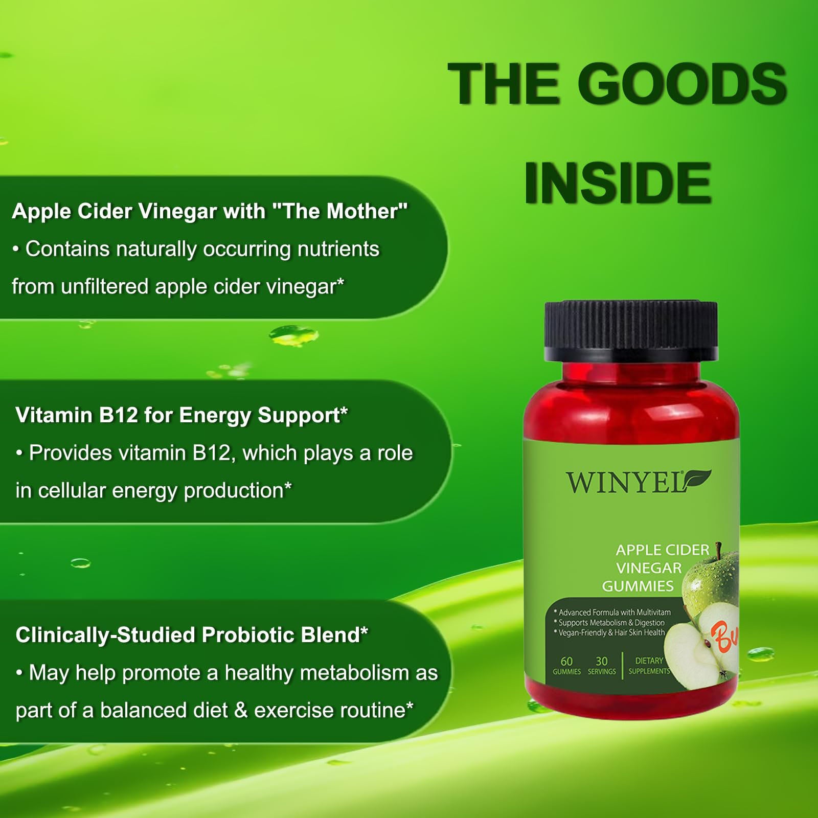 Apple Cider Vinegar Gummies Formulated to Support Normal Energy Levels & Gut Health - Supports Digestion, Detox & Cleansing - ACV Gummies W/VIT B12 Dietary Edible Fitness
