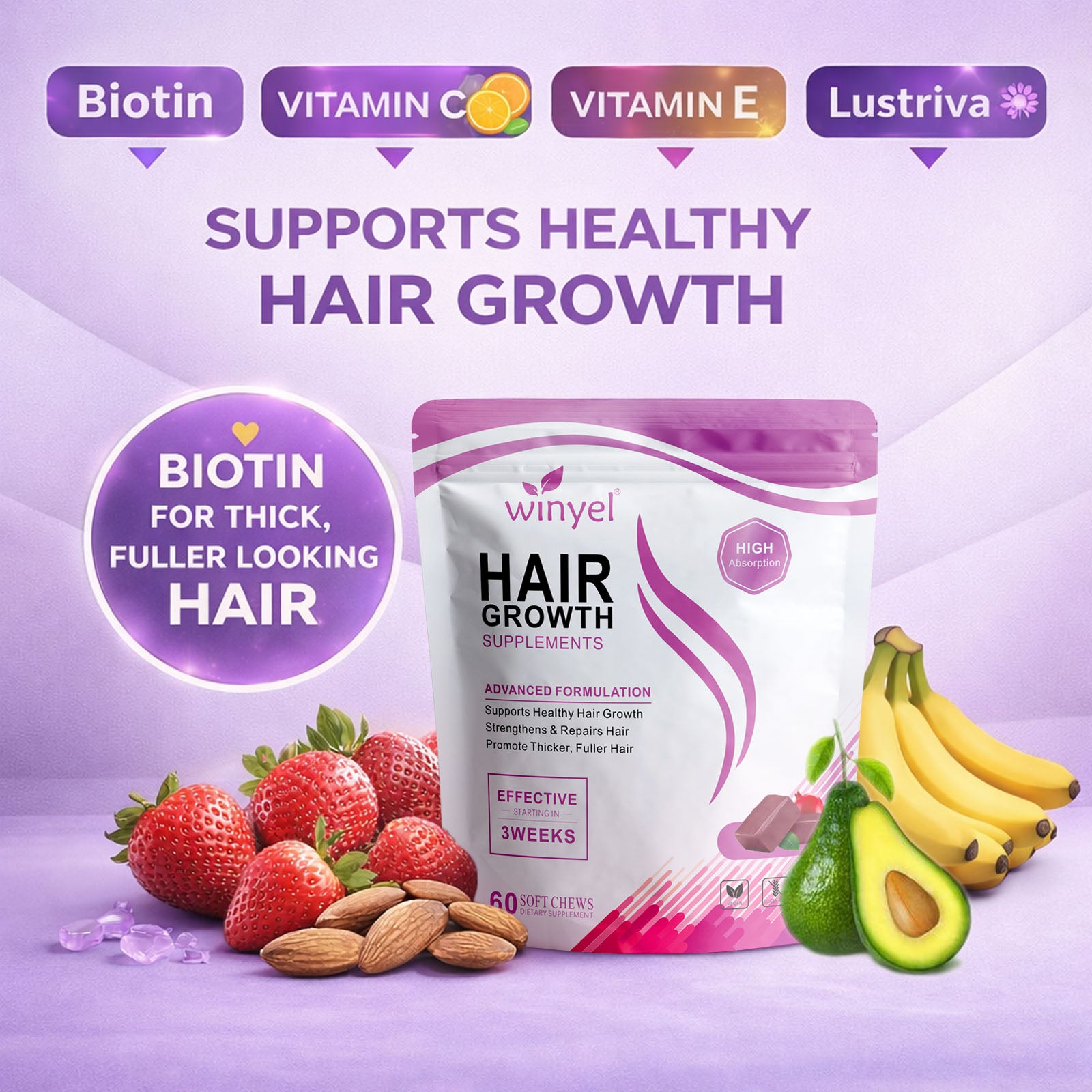 Hair Soft Chews, Hair Vitamins for Women and Men with Biotin, Advanced Formula for Hair, Mixed Berry, 60 Soft Chews
