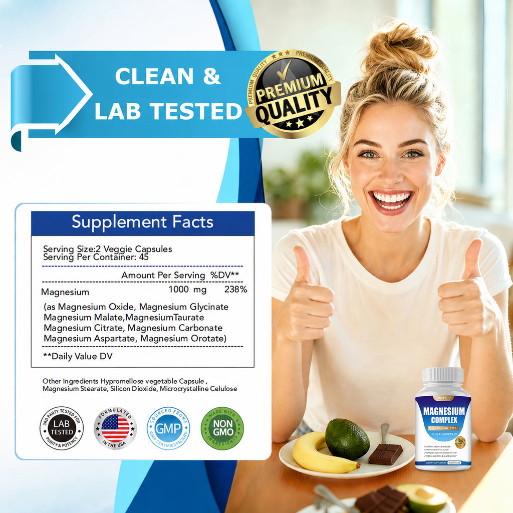 Magnesium Complex Supplement 8 Elemental 1000mg | Magnesium Supplement with Glycinate, Malate, Citrate | Sleep, Relaxation, Bone & Muscle | Vegan 90 Capsules
