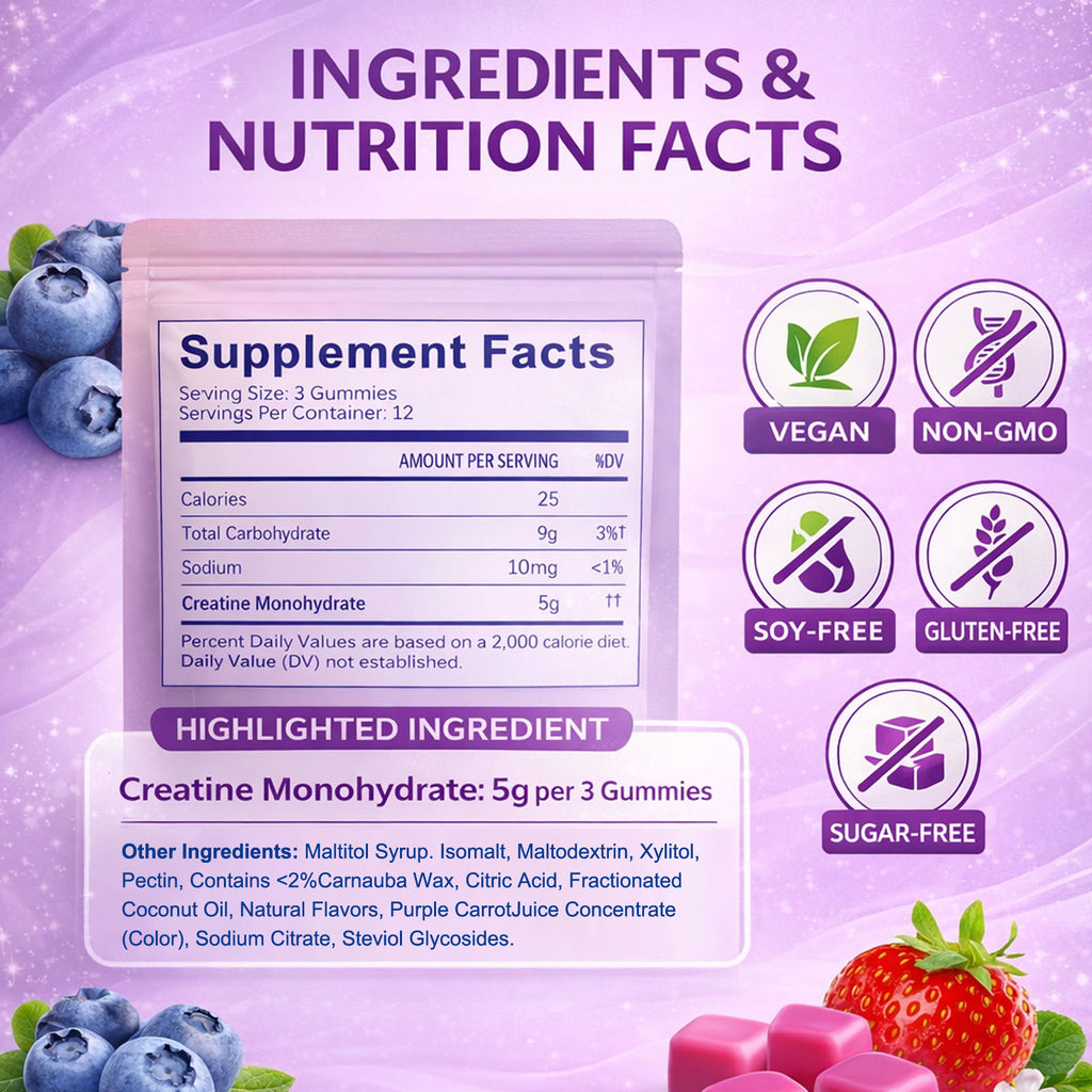 Creatine Monohydrate Gummies for Men & Women, Sugar Free Creatine Gummy 5g per Serving, Berry Flavor, 36 Gummies
