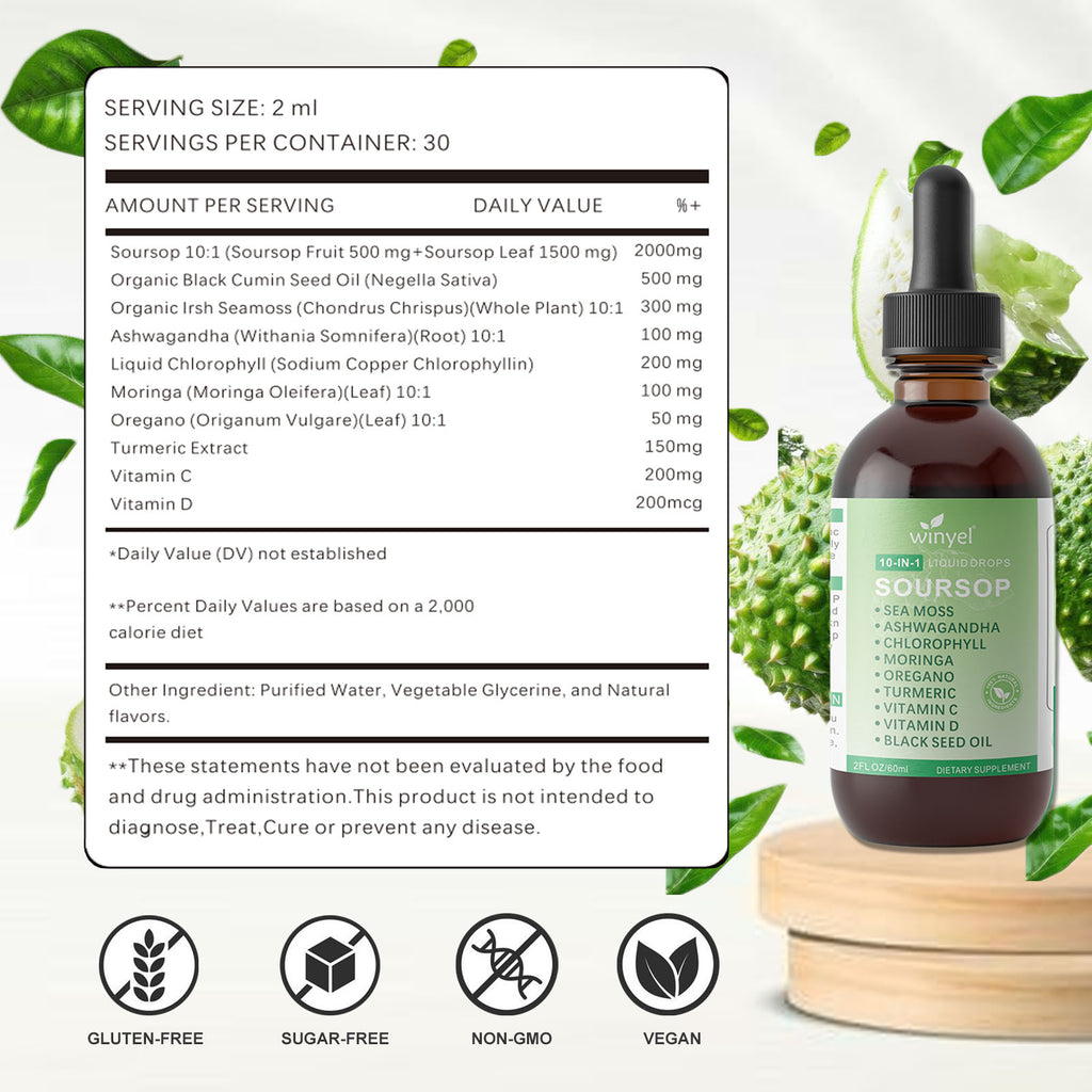 Soursop Bitters Liquid Drops with Sea Moss, Moringa, Turmeric, Black Seed Oil, Oregano, Ashwagandha | Herbal Extracts for Overall Health-Enhancing | Vegan, Non-GMO | 2 Fl Oz