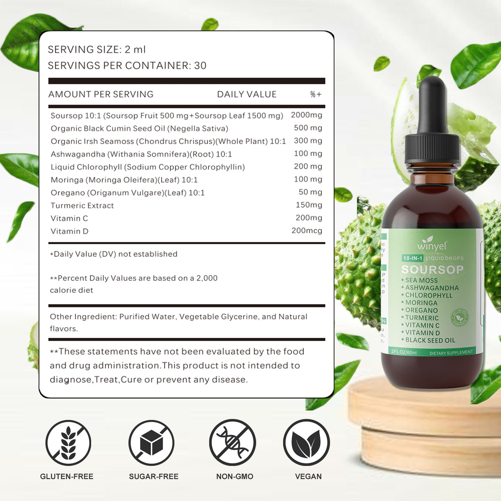 Soursop Bitters Liquid Drops with Sea Moss, Moringa, Turmeric, Black Seed Oil, Oregano, Ashwagandha | Herbal Extracts for Overall Health-Enhancing | Vegan, Non-GMO | 2 Fl Oz