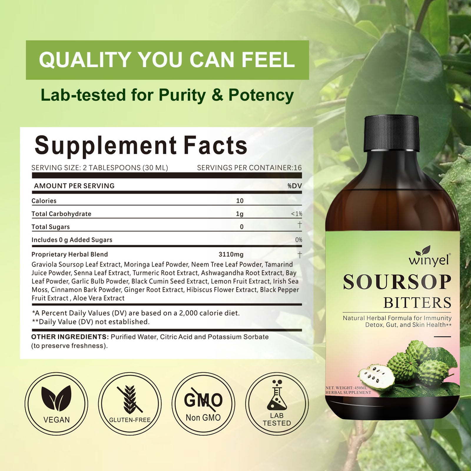 Soursop Bitters Liquid - Organic Herbal Guanabana Detox with Black Seed, Moringa & Ginger - Supports Digestive Wellness & Immune Function