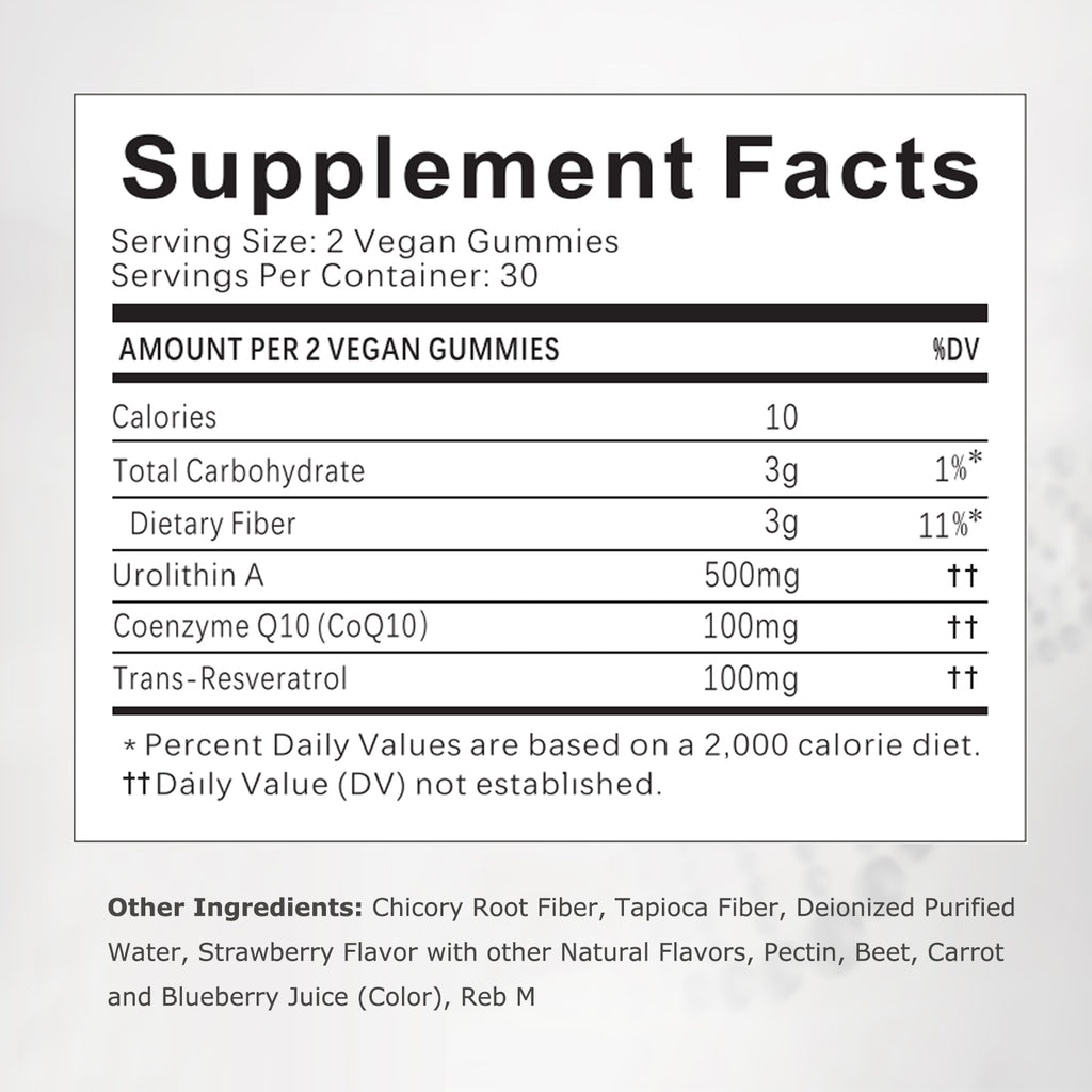 Urolithin A Supplement Longevity Gummies 500mg with Trans-Resveratrol, CoQ10 Mitochondrial & Cellular Energy Support for Healthy Aging, Muscle Strength & Longevity Vegan, Non-GMO, 60 Count