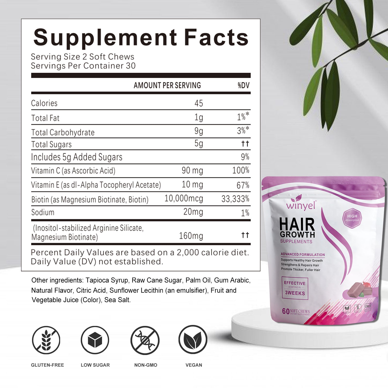 Hair Soft Chews, Hair Vitamins for Women and Men with Biotin, Advanced Formula for Hair, Mixed Berry, 60 Soft Chews